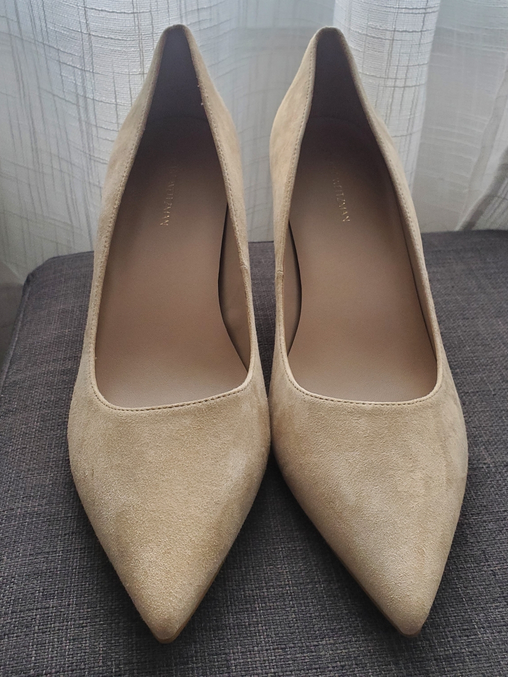 Stuart Weitzman Pointed-Toe Suede Pumps in Light Beige
